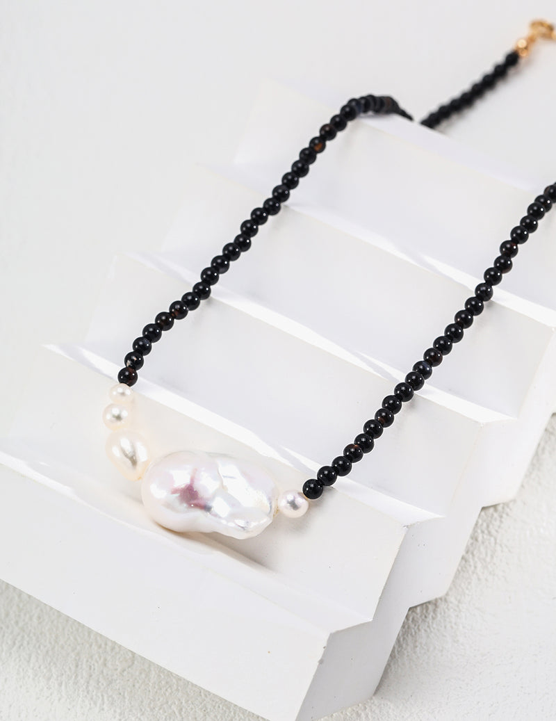 Baroque Natural Pearl and Black Onyx Necklace