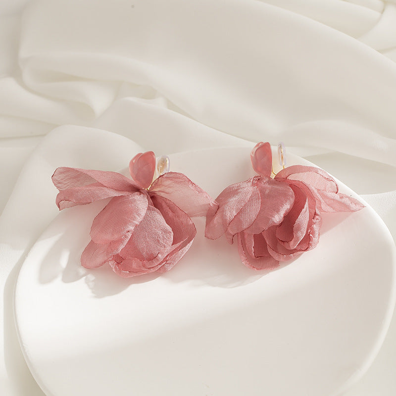 Vacation Vibe Pink Chiffon Flower Clip-On Earrings