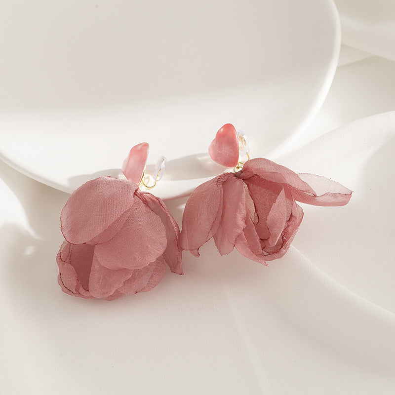 Vacation Vibe Pink Chiffon Flower Clip-On Earrings